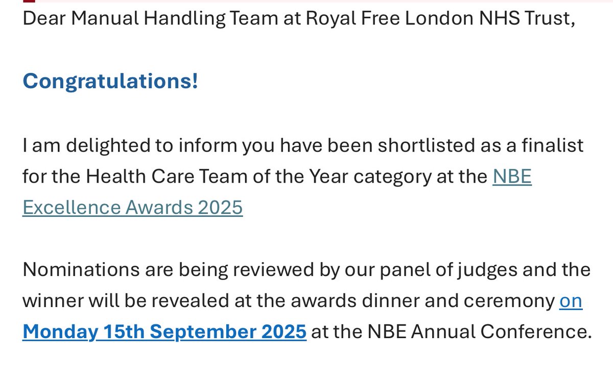 Manual Handling Team_Royal Free London (@manualhand_free) on Twitter photo We are proud to be finalists in the upcoming <a href="/nbetoday/">National Back Exchange</a> National Back Exchange Awards this September! 🏆
#RoyalFreeManualHandling #NBEFinalist #HealthcareHeroes We are proud to be finalists in the upcoming <a href="/nbetoday/">National Back Exchange</a> National Back Exchange Awards this September! 🏆
#RoyalFreeManualHandling #NBEFinalist #HealthcareHeroes