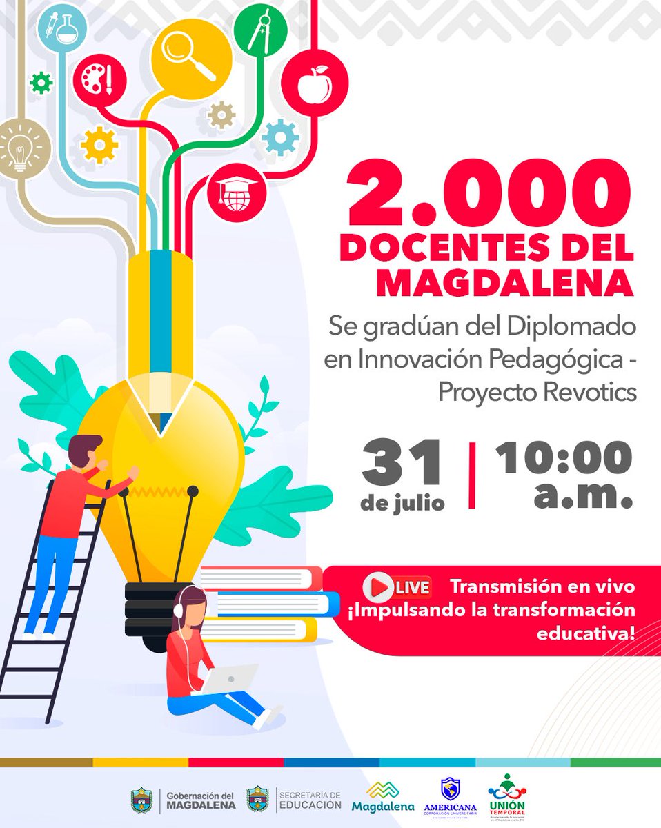 🎓 ¡Hoy es el gran día!

Conéctate a las 10:00 a.m. a la #Graduación del Diplomado en Innovación Pedagógica - STEM+E 🎥
🔗 youtube.com/live/IY4ut0kT6…

🤝 Conoce el nuevo convenio entre <a href="/GobMagdalena/">joaco Gutierrez</a> y la UniAmericana con descuentos en educación superior para docentes y funcionarios.