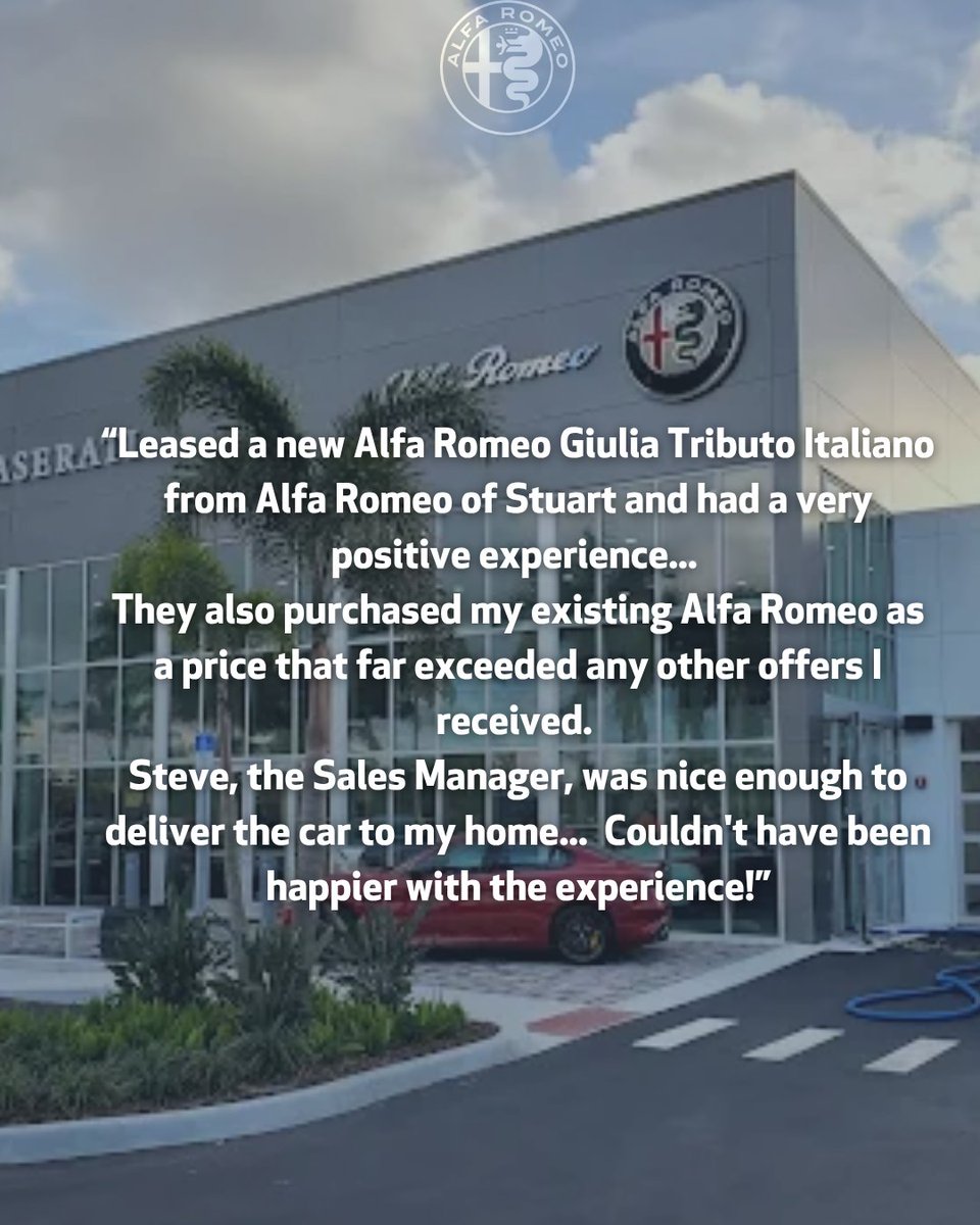 AlfaRomeoStuart's tweet image. From leasing to trading in to home drop-off, we bring luxury to your doorstep.
Ready to upgrade?
🌟🌟🌟🌟🌟

#AlfaRomeoStuart #FiveStarExperience #LuxuryDelivered #LeaseWithEase #AlfaRomeoLife