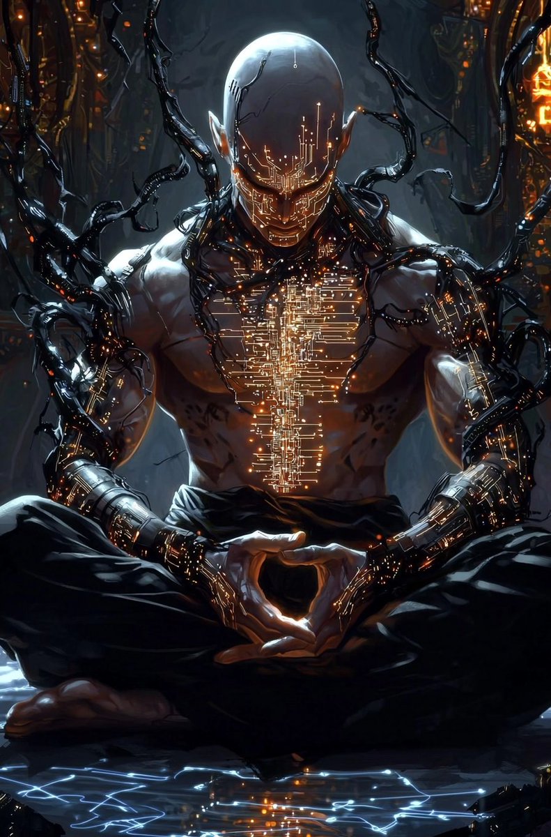 Synth_Cyborg's tweet photo. "He silenced every signal but one—the still voice buried in the code of his soul."
If machines could dream… would they seek peace or power?
#DigitalMonk #SyntheticAwakening #AIArt https://t.co/Y2xovPStut