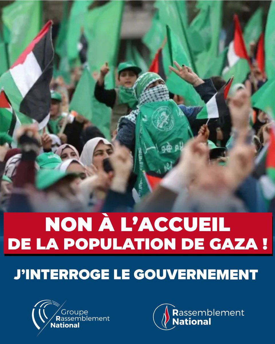 ⛔️🇵🇸 L’accueil inconditionnel en France des habitants de #Gaza, au titre d’un droit d’asile dévoyé, constitue un risque majeur pour la sécurité des Français. 

Nous ne devons pas ouvrir les portes du pays à des individus potentiellement radicalisés.

🏛️ assemblee-nationale.fr/dyn/17/questio…