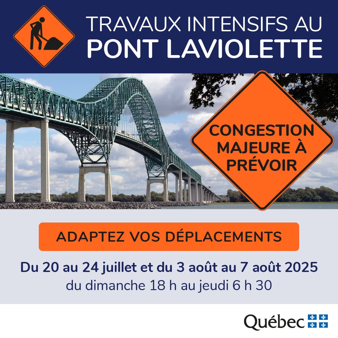 ‼ ENTRAVES SUR LE PONT LAVIOLETTE ‼
❌ 1 voie dans chaque direction
⚠ Congestion à prévoir
🕑 Du dimanche 18h au jeudi 6h30
📅 Entre le 3 au 7 août
🚧 Ces travaux serviront à poser une membrane et procéder à l’asphaltage d’une partie du pont.