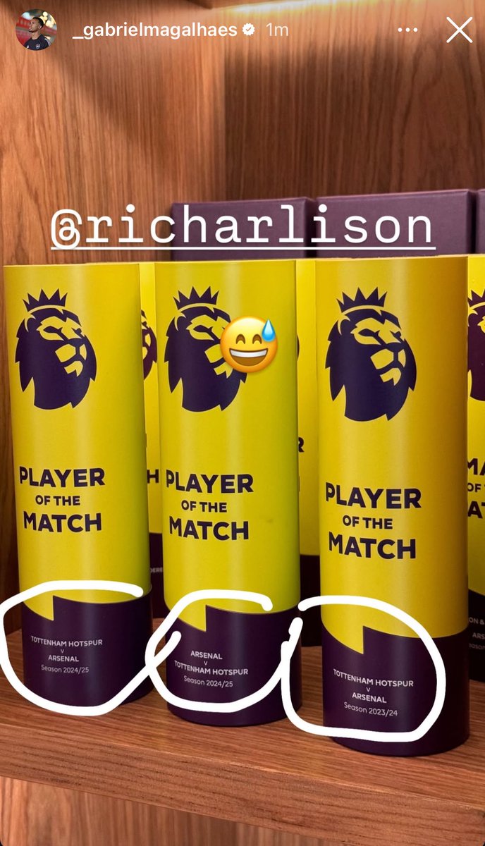 afcstuff's tweet image. 📲 Gabriel Magalhães on Instagram, poking fun at Richarlison. 🤣🏆