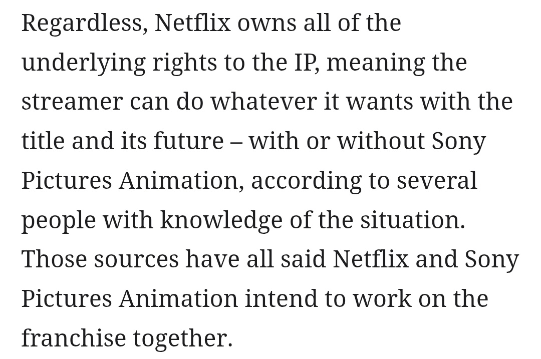 Having read the article, these are the things that stand-out to me the most

Netflix owning the IP, while logical, rubs me the wrong way, especially regarding future releases and theatrical opportunities for sequels

And not having the OG directors would be a significant loss