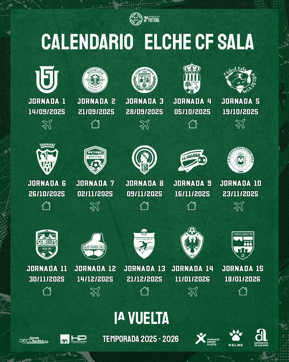 elchecfsala's tweet photo. 🗓️ 𝗖𝗮𝗹𝗲𝗻𝗱𝗮𝗿𝗶𝗼 𝟮𝟱/𝟮𝟲

¡Este es el calendario del 𝗘𝗹𝗰𝗵𝗲 𝗖𝗙𝗦 para la próxima temporada!

🔜 𝗣𝗿𝗶𝗺𝗲𝗿𝗮 𝗝𝗼𝗿𝗻𝗮𝗱𝗮
📆 14/09
🆚 @Joventutdelx 

🔚 𝗨́𝗹𝘁𝗶𝗺𝗮 𝗝𝗼𝗿𝗻𝗮𝗱𝗮
📆 24/05
🆚 Crevillente Futsal 

#MuchoSala💚🤍 | @FFCV_info https://t.co/csewVIkgYO