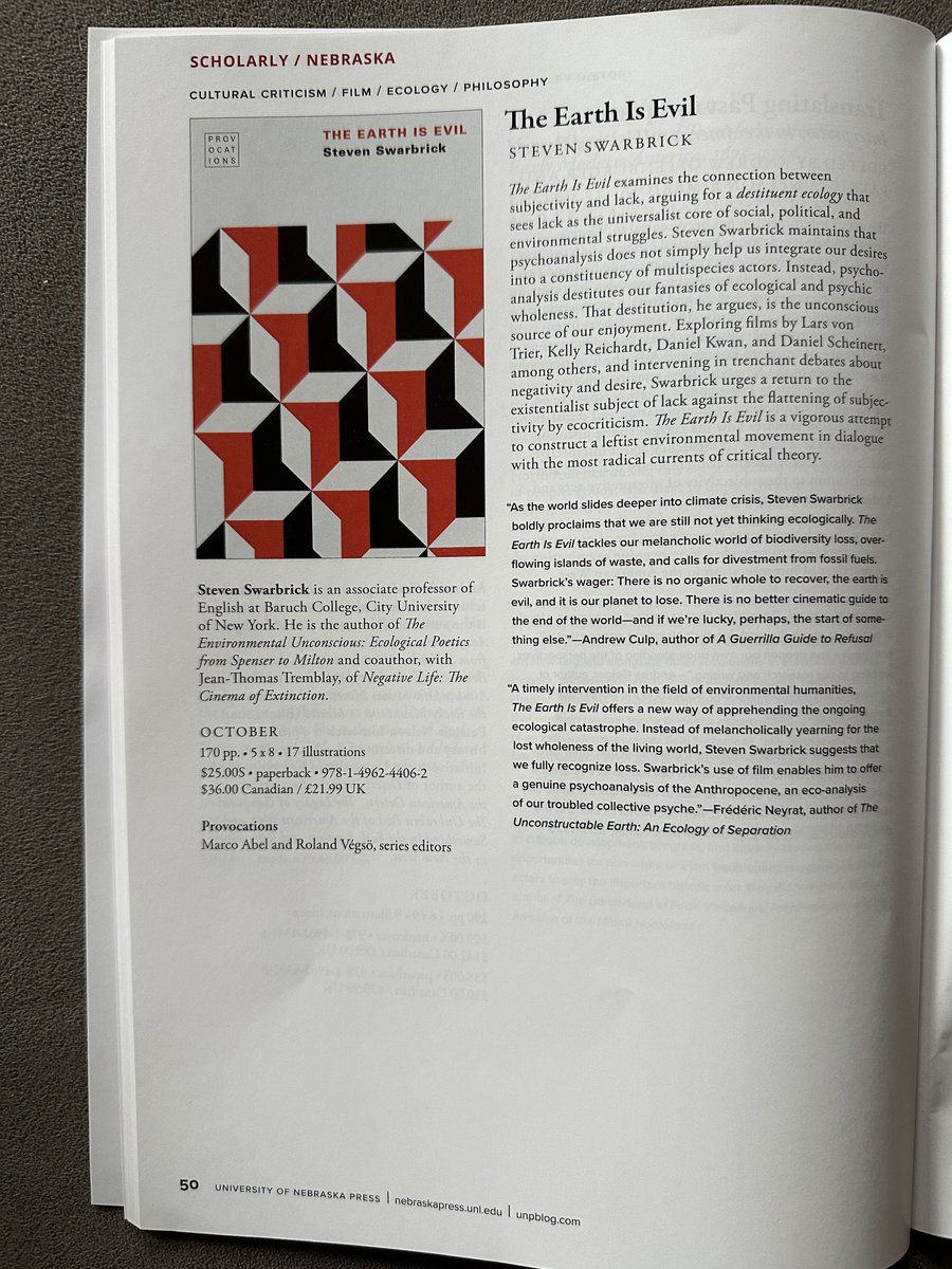 We're looking forward to the October 2025 publication of our 10th book, Steven Swarbrick's THE EARTH IS EVIL. Available now for pre-order via, inter alia, <a href="/UnivNebPress/">Univ Nebraska Press</a>. 

(For more info on our series, visit nebraskapress.unl.edu/search-results…)