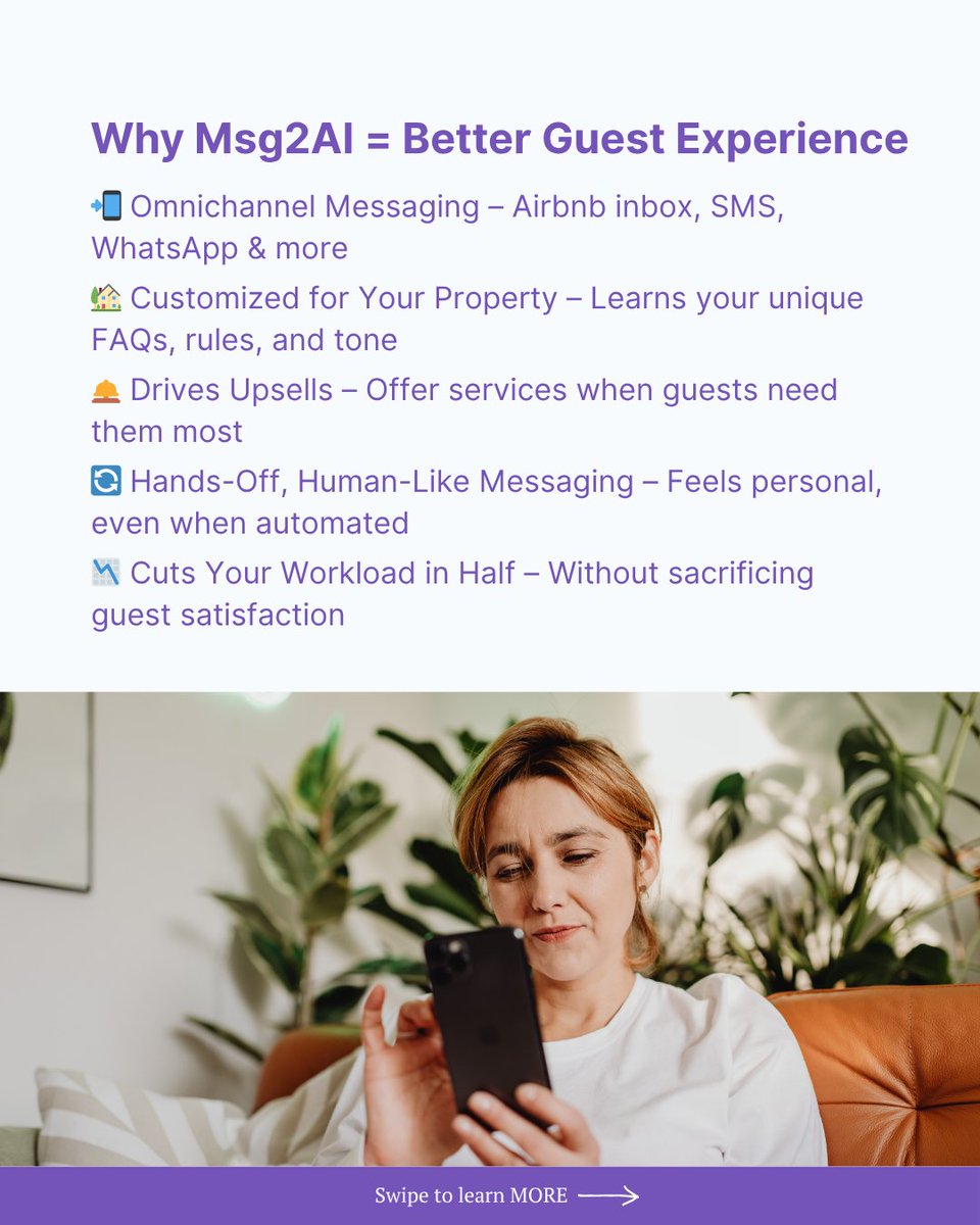 msg2ai's tweet image. They booked through Airbnb.
You impressed them with Msg2AI 💬
📲 24/7 replies
 🤖 AI concierge that learns
 📅 Book a demo → msg2ai.xyz
 🔔 Follow us for smarter STR hosting
#Msg2AI #STRTech #AirbnbAutomation #HostSmarter