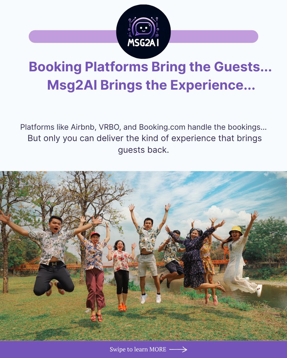 msg2ai's tweet image. They booked through Airbnb.
You impressed them with Msg2AI 💬
📲 24/7 replies
 🤖 AI concierge that learns
 📅 Book a demo → msg2ai.xyz
 🔔 Follow us for smarter STR hosting
#Msg2AI #STRTech #AirbnbAutomation #HostSmarter