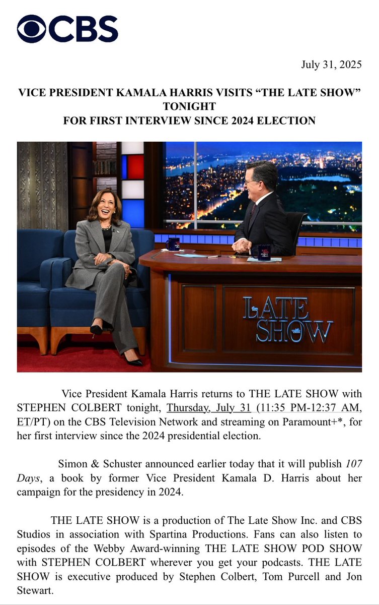 David Folkenflik (@davidfolkenflik) on Twitter photo A bit of a screw-you from both the ex VP and Colbert to Trump and CBS corporate, given his lawsuit was over her 60M interview A bit of a screw-you from both the ex VP and Colbert to Trump and CBS corporate, given his lawsuit was over her 60M interview