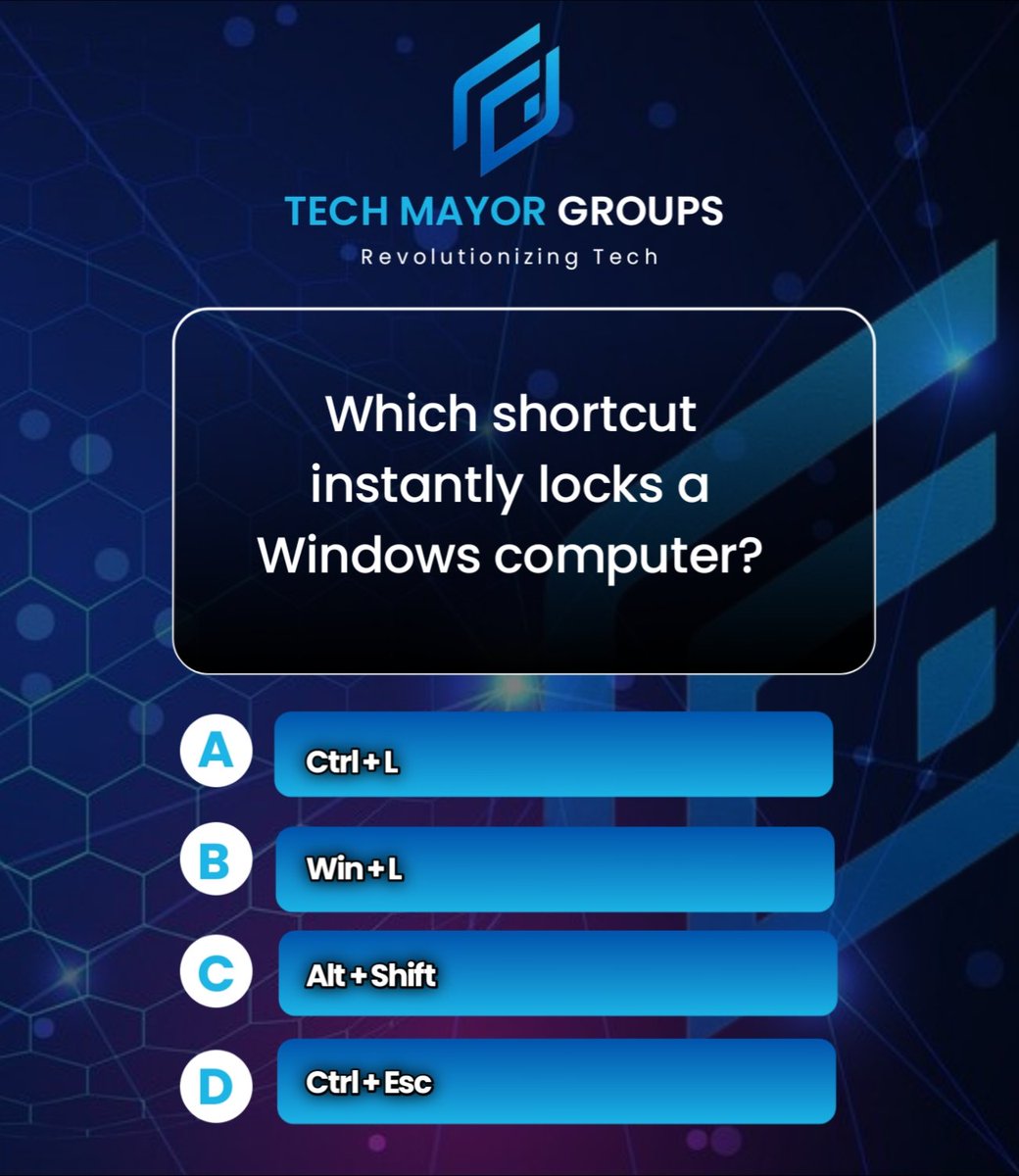 TechmayorCo's tweet image. 💻Tech Quick Quiz!
Locking your PC when stepping away isn't just smart — it's security 101.
Which shortcut gets it done instantly on Windows? 🔐
Drop your answers 👇
#TechMayorGroups #CyberSecurity #WindowsTips #TechTwitter #DevGuys #NigerianTechBro