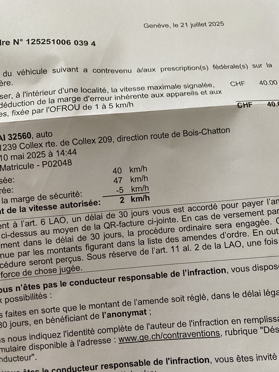 47 km/h au lieu de 40. En sciences naturelles, 5 sigma correspondent à une découverte ; en Suisse, 1,4 sigma correspond à une amende.😊