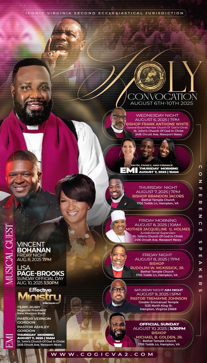 ZBC Family, We are Excited to Announce that we will be in Worship with the Iconic Virginia Second Ecclesiastical Jurisdiction for their Holy Convocation on Saturday, August 9th, 2025 at 5:00pm. Our Senior Pastor will be the Guest Preacher for the evening.