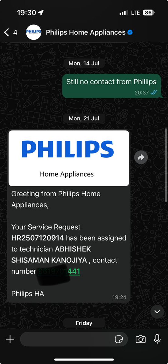 KT_3D's tweet photo. @Philips @PhilipsCare 
- Complaint raised on 12th July 
- It Took 9 days to figure out a technician. (21st July)
- Called and texted the technician but he did not respond.
-The technician did not visit on 28th however a false house lock report was given. https://t.co/RVcz28Ie1a