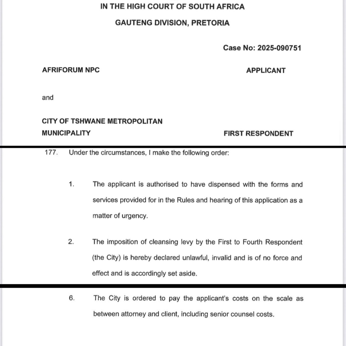 Kallie Kriel (@kalliekriel) on Twitter photo Major victory for <a href="/afriforum/">AfriForum</a> and Pretoria residents in court!
The High Court has declared the <a href="/CityTshwane/">City of Tshwane</a> Metro Council’s new “cleansing levy” unlawful and invalid, and set it aside. This means significant savings for residents, as the municipality can no longer attempt to Major victory for <a href="/afriforum/">AfriForum</a> and Pretoria residents in court!
The High Court has declared the <a href="/CityTshwane/">City of Tshwane</a> Metro Council’s new “cleansing levy” unlawful and invalid, and set it aside. This means significant savings for residents, as the municipality can no longer attempt to