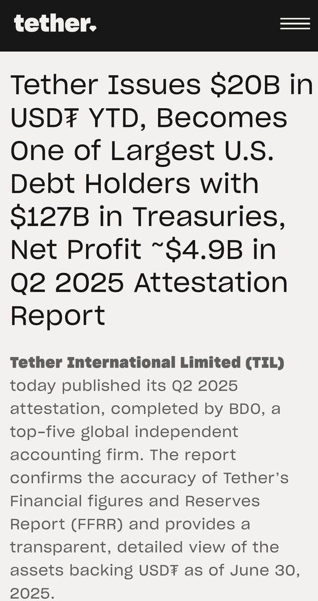 🐸ALTCOINS: Tether International Limited: Partecipazioni in Titoli di Stato Americani Superano i 127 Miliardi di Dollari nel Secondo Trimestre del 2025