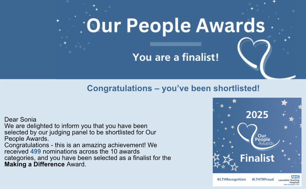 sepsis@lthtr (@sepsislthtr) on Twitter photo I was so proud to find out that I had been nominated for the ‘Making a Difference’ Award by my manager.
Then to hear that I have been shortlisted as a finalist, well…what an amazing achievement 🌟
<a href="/LTHRecognition/">Recognition at LTHTR</a> <a href="/LancsHospitals/">Chorley & Royal Preston</a> <a href="/UKSepsisTrust/">The UK Sepsis Trust</a> #LTHTRProud I was so proud to find out that I had been nominated for the ‘Making a Difference’ Award by my manager.
Then to hear that I have been shortlisted as a finalist, well…what an amazing achievement 🌟
<a href="/LTHRecognition/">Recognition at LTHTR</a> <a href="/LancsHospitals/">Chorley & Royal Preston</a> <a href="/UKSepsisTrust/">The UK Sepsis Trust</a> #LTHTRProud