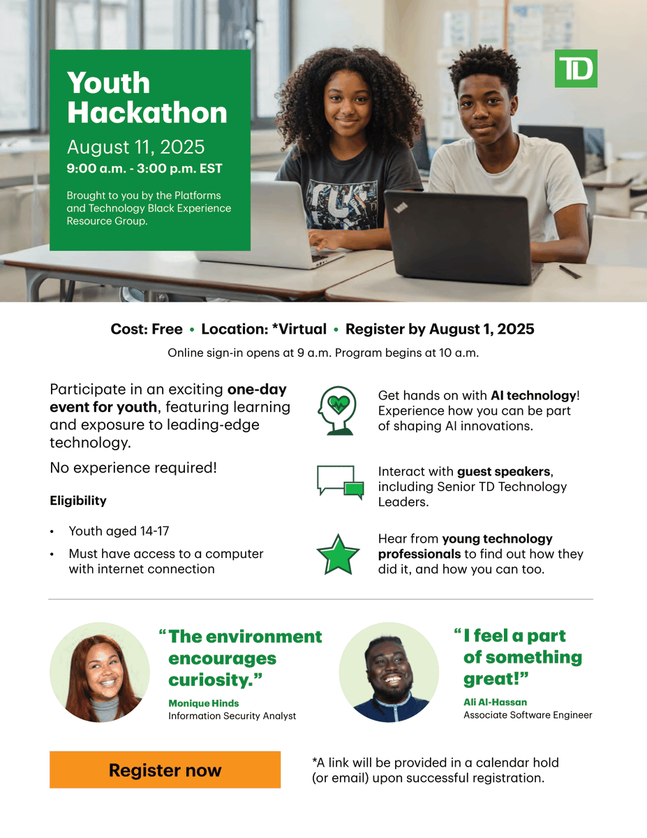 YAAACE (@yaaace_si) on Twitter photo 🚨 You're invited! 🚨
Get ready for a one-day Youth Hackathon — an exciting virtual event presented by <a href="/TD_Canada/">TD (Canada)</a> where you'll explore AI, learn from industry professionals, and discover incredible career pathways in tech.
📅 Date: Monday, August 11, 2025
🕘 Time: 9:00 AM – 🚨 You're invited! 🚨
Get ready for a one-day Youth Hackathon — an exciting virtual event presented by <a href="/TD_Canada/">TD (Canada)</a> where you'll explore AI, learn from industry professionals, and discover incredible career pathways in tech.
📅 Date: Monday, August 11, 2025
🕘 Time: 9:00 AM –