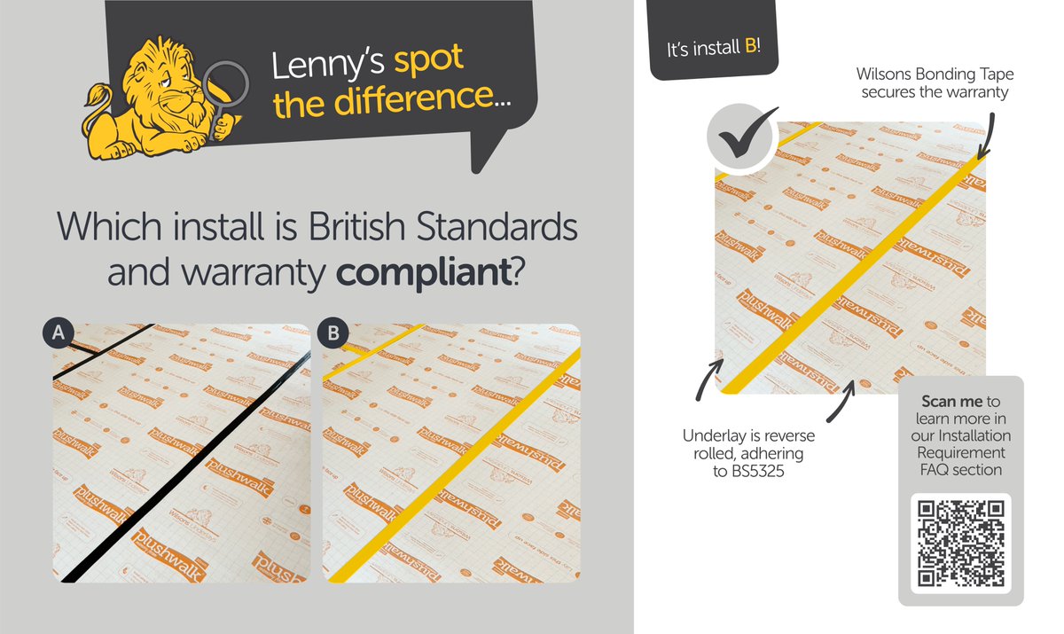 A little spot the difference for you all! Learn more about our recommendations for installation, our warranties and FAQs by scanning the QR code or heading over to wilsons-underlays.co.uk/knowledge-cent…

If you have any questions, email sales@wilsons-group.com or drop us a comment! #plushwalk