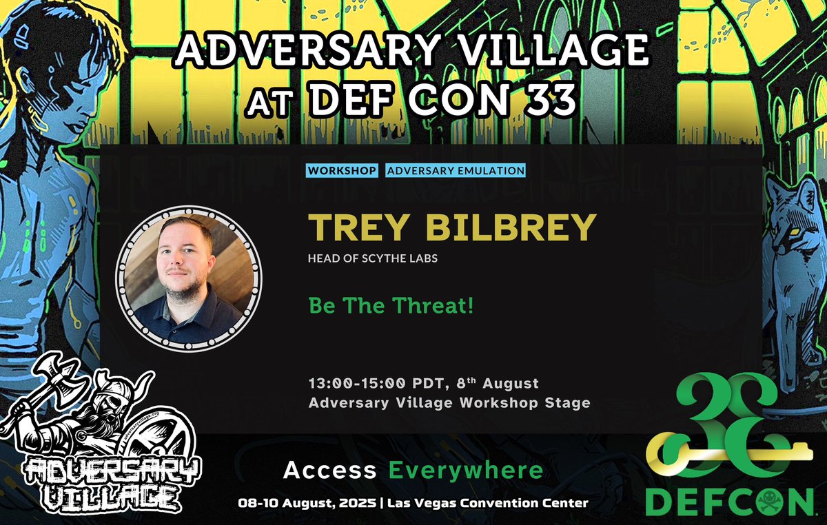AdversaryVillag's tweet image. #Workshop Announcement!
Adversary Village at @defcon 33
@TCraf7, Head of @scythe_io Labs, will be giving a workshop on, “Be The Threat!”.
🗓️13:00-15:00 PDT, Aug 8th 2025  
📍Adversary Village Workshop Stage, Las Vegas Convention Center.

More info: adversaryvillage.org/adversary-even…
