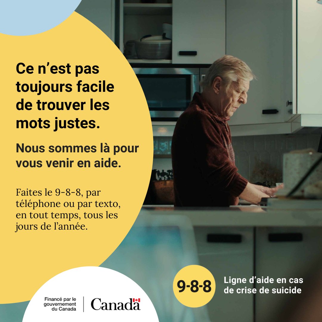 Vous n'avez pas besoin d'avoir toutes les réponses pour demander de l'aide. Même si vous ne parvenez pas à expliquer, un intervenant du 9-8-8 vous aidera à trouver les mots. Appelez ou textez  9-8-8 pour obtenir de l'aide lorsque vous en avez le plus besoin. #988Canada