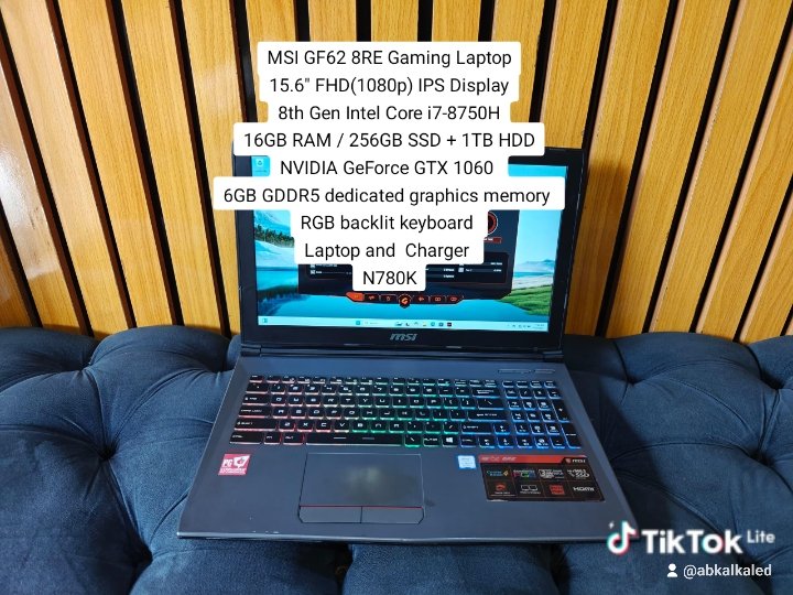 abkalkaled's tweet photo. MSI GF62 8RE Gaming Laptop
15.6" FHD(1080p) IPS Display
8th Gen Intel Core i7-8750H
16GB RAM / 256GB SSD + 1TB HDD
NVIDIA GeForce GTX 1060 
6GB GDDR5 dedicated graphics memory 
RGB backlit keyboard 
Laptop and Charger 
N780,000

08141851299
📍 Lagos 
Nationwide Delivery https://t.co/jAkzESTaJP