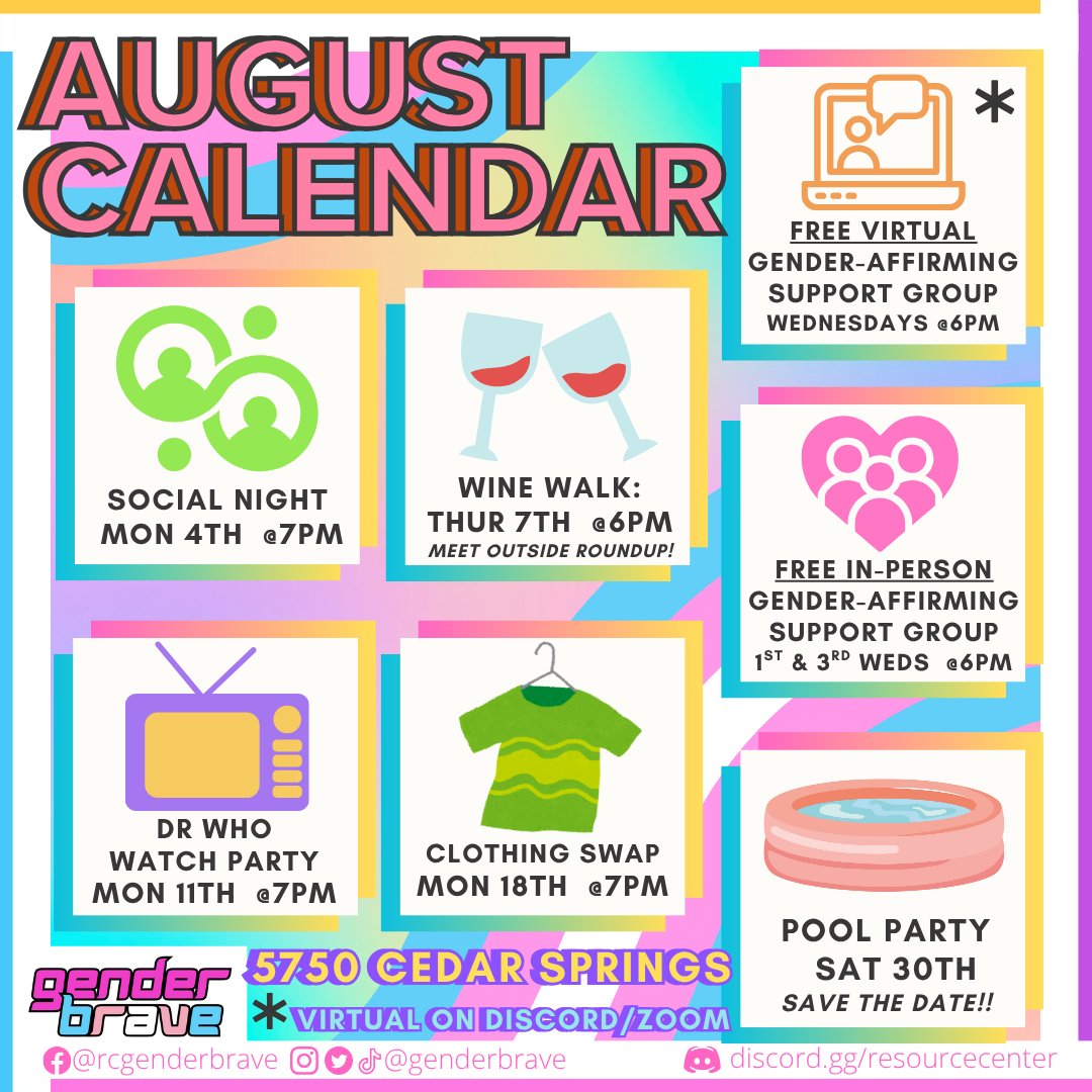 GenderBrave's tweet image. See what's going on in August!!  Watch Dr. Who with us, be in a supportive community and keep your eyes peeled for our Pool Party at the end of the month!  GenderBrave is a social program for trans and gender expansive adults (ages 18-35).

#GenderBrave #lgbtq #lgbt #transgender