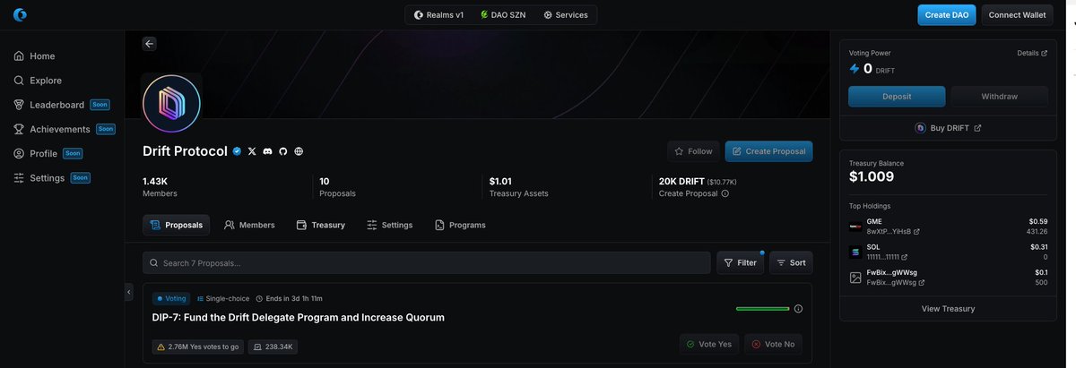 Check out the latest proposal on <a href="/DriftProtocol/">Drift</a> DAO.

DIP 7: Fund the Drift Delegate Program aims to:

-  Delegate 13M DRIFT to 11 selected ecosystem stakeholders to kickstart the Drift Delegate Program 
- Increase quorum to 6M DRIFT 
- Ensure robust, decentralised participation