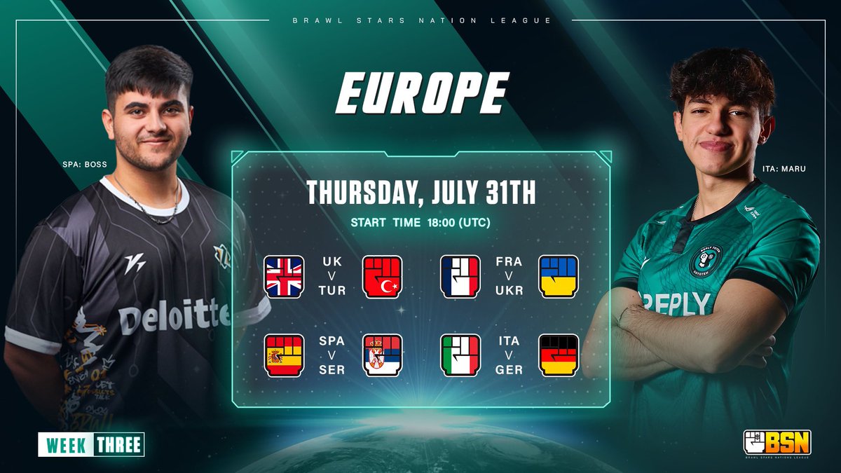 BrawlPSeries's tweet image. #BSN • MATCH DAY!

EU - WEEK 3
⏰ 18:00 UTC

Match 1
🇬🇧 @UnitedKingdomBS 
🆚
🇹🇷 @TeamTurkiyeBS 

Match 2
🇫🇷 @EDF_BS 
🆚
🇺🇦 @Ukraine_BS 

Match 3
🇪🇸 @SeleccionBS_ES 
🆚
🇷🇸 @SerbiaBS 

Match 4
🇮🇹 @TeamItalyBS 
🆚
🇩🇪 @Germany_BS 

Stream channels ⤵️