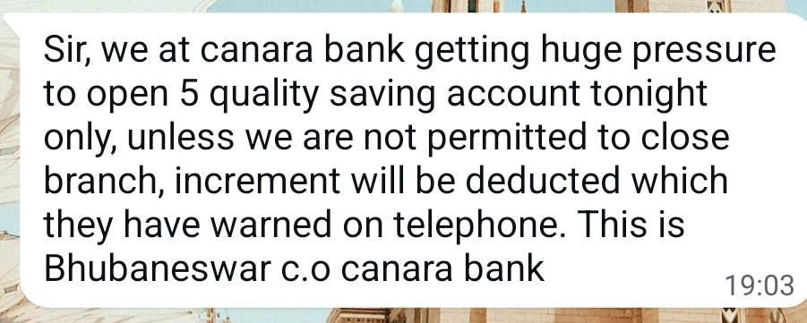 Shubham Misra (@ishubhammisra) on Twitter photo Hi <a href="/canarabank/">Canara Bank</a>,
Staff ko baksh do.
Pressure me mar jaaenge. Agar bach bhi gaye to apne parivaar ke kisi kaam ke nahi bachenge.
<a href="/DFS_India/">DFS</a> <a href="/FinMinIndia/">Ministry of Finance</a> <a href="/RBI/">ReserveBankOfIndia</a>
<a href="/PMOIndia/">PMO India</a> please save bankers in Canara bank. 🙏 Hi <a href="/canarabank/">Canara Bank</a>,
Staff ko baksh do.
Pressure me mar jaaenge. Agar bach bhi gaye to apne parivaar ke kisi kaam ke nahi bachenge.
<a href="/DFS_India/">DFS</a> <a href="/FinMinIndia/">Ministry of Finance</a> <a href="/RBI/">ReserveBankOfIndia</a>
<a href="/PMOIndia/">PMO India</a> please save bankers in Canara bank. 🙏