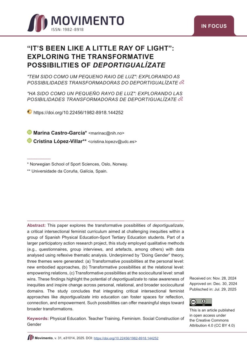 New paper out ! 🆕

🌟 “It’s been like a little ray of light” 🌟

Exploring the transformative possibilities of a critical intersectional feminist approach to physical education teacher education 🌈

#feminism #PETE

🔗 seer.ufrgs.br/index.php/Movi…