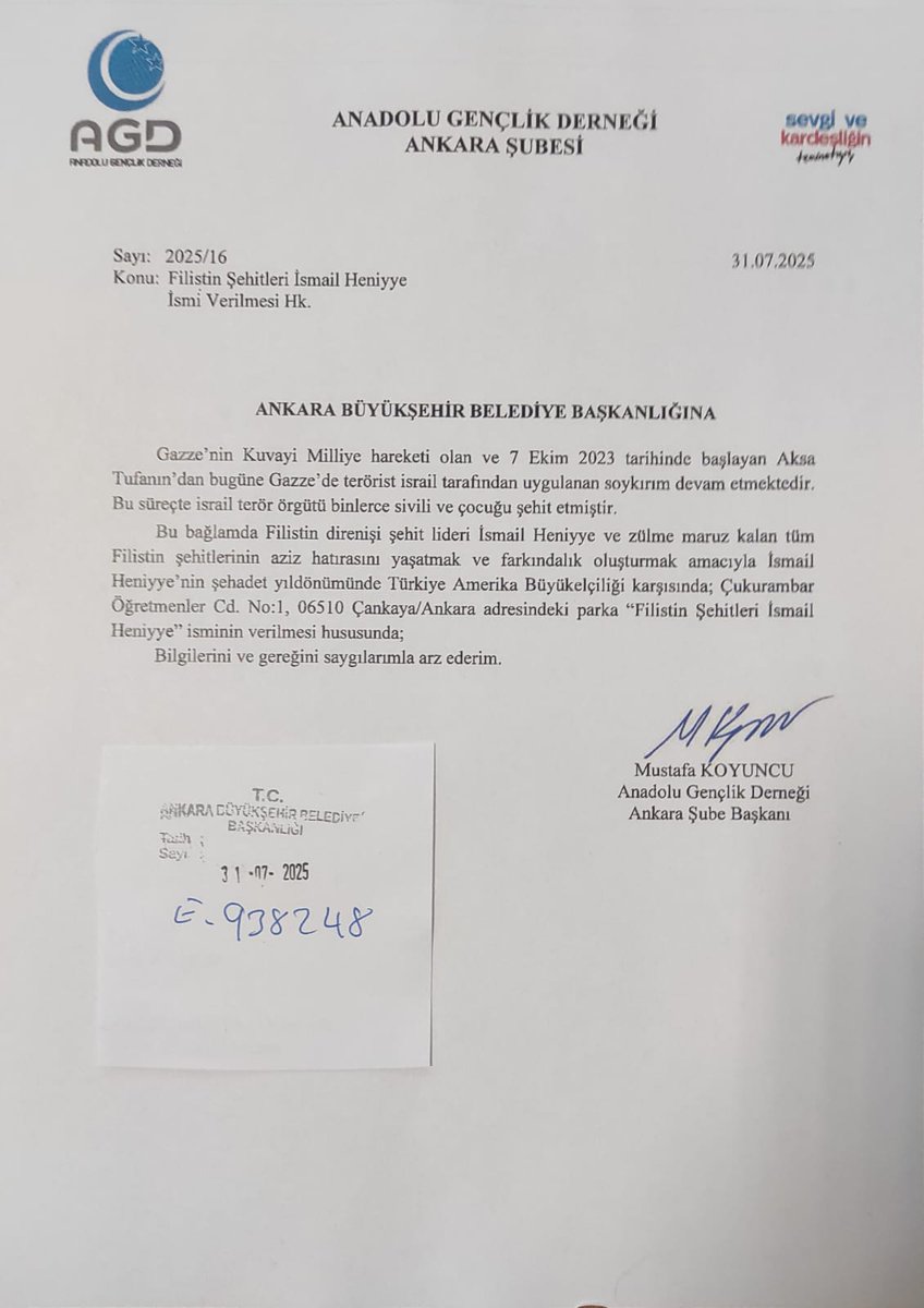 Anadolu Gençlik Derneği Ankara Şubesi olarak;
7 Ekim 2023’ten bu yana Gazze’de şehit edilen binlerce sivilin hatırasını yaşatmak ve farkındalık oluşturmak amacıyla;

📍Çukurambar’da, ABD büyükelçiliğinin karşısındaki parka
*“Filistin Şehitleri İsmail Heniye”* isminin verilmesini