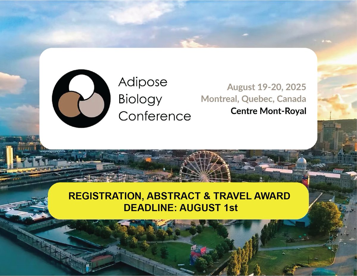 Adipose Biology Conference (@adiposebiology) on Twitter photo LAST CALL! The deadline to register, submit your abstract, and apply for a travel award is TOMORROW August 1st for the #AdiposeBiology Conference, happening in Montreal NEXT MONTH. Secure your spot now at adiposebiology.com! #ABC2025
<a href="/SableSys/">Sable Systems International 🐭🐀🧝🏼♀️</a> <a href="/kazaklab/">Lawrence Kazak</a> <a href="/beaudrj/">Jacqueline Beaudry</a> <a href="/sung4400/">Hoon-Ki Sung Lab</a> LAST CALL! The deadline to register, submit your abstract, and apply for a travel award is TOMORROW August 1st for the #AdiposeBiology Conference, happening in Montreal NEXT MONTH. Secure your spot now at adiposebiology.com! #ABC2025
<a href="/SableSys/">Sable Systems International 🐭🐀🧝🏼♀️</a> <a href="/kazaklab/">Lawrence Kazak</a> <a href="/beaudrj/">Jacqueline Beaudry</a> <a href="/sung4400/">Hoon-Ki Sung Lab</a>
