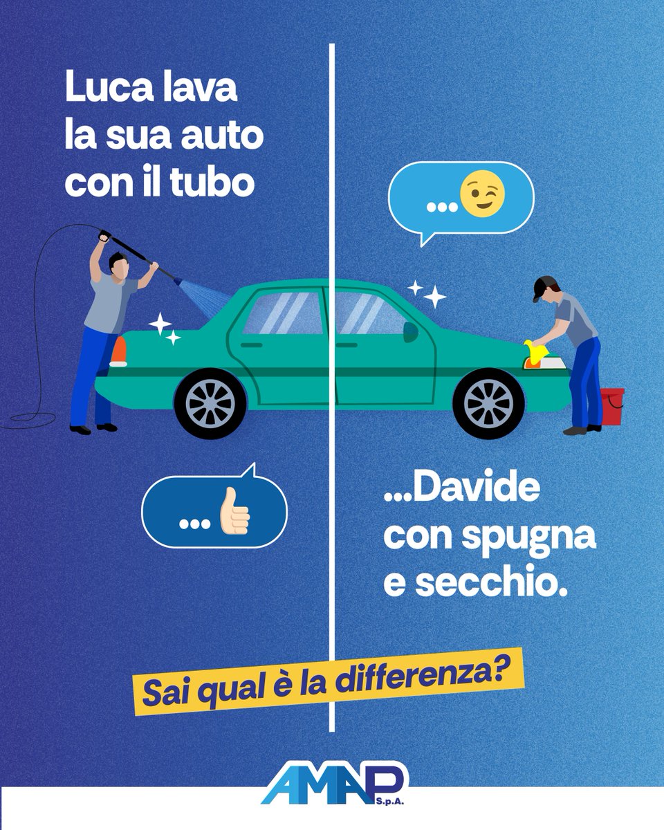 Entrambi avranno l’auto pulita, ma uno dei due avrà risparmiato centinaia di litri d’acqua. (Spoiler: non è Luca). Seguici per altri consigli.

#AMAPSPA #servizioidricointegrato #palermo #cittàmetropolitanadipalermo #acqua #servizioidricopalermo