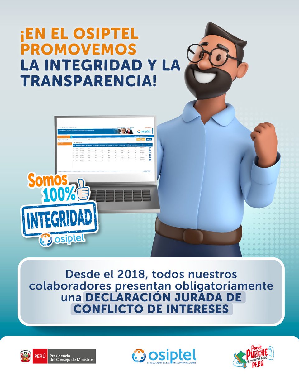 #IntegridadOsiptel 👍 La presentación obligatoria de la Declaración Jurada de Conflicto de Intereses nos permite tomar decisiones transparentes que favorezcan la integridad y refuercen el comportamiento ético en el ejercicio de nuestras funciones en el OSIPTEL.