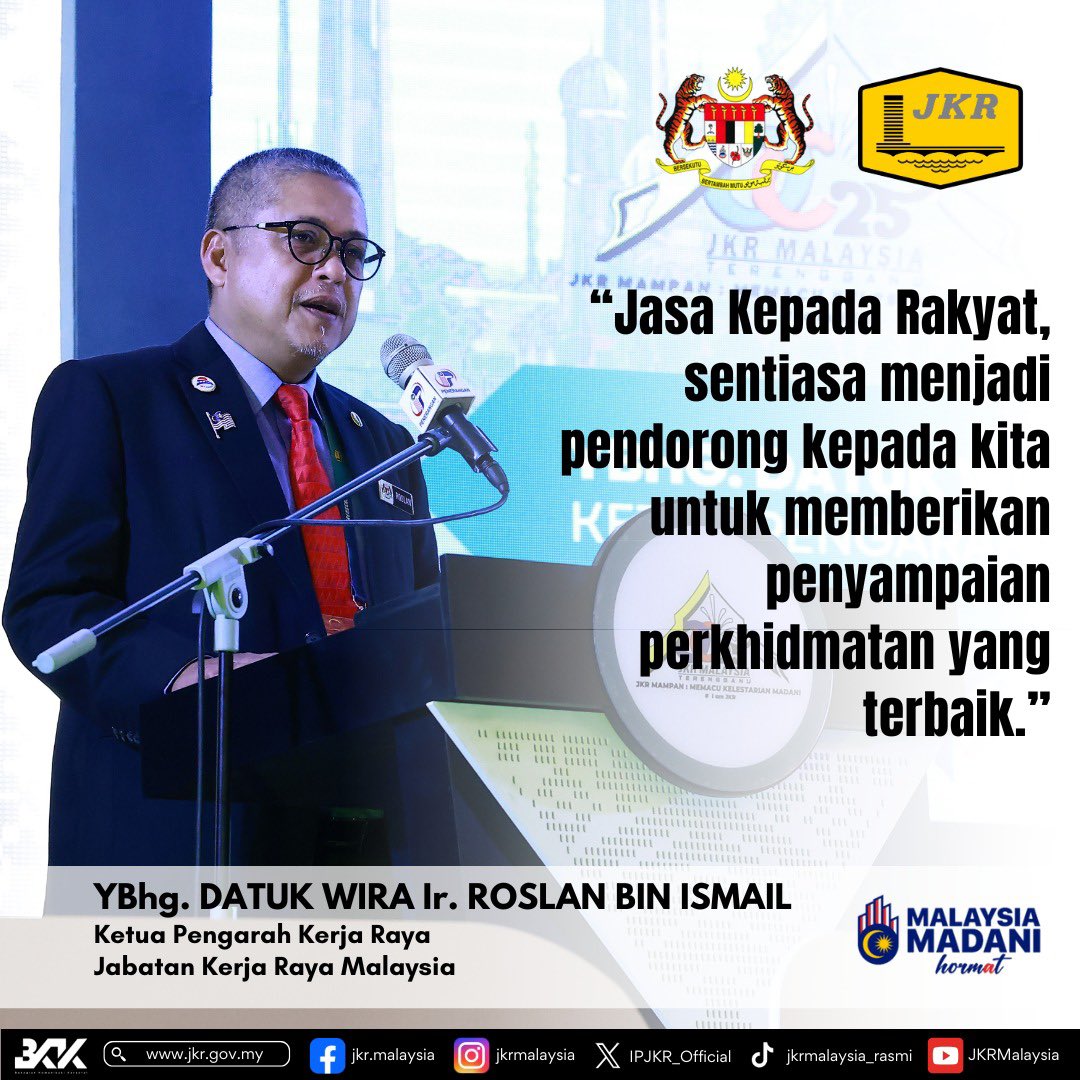 “Jasa Kepada Rakyat, sentiasa menjadi pendorong kepada kita untuk memberikan penyampaian perkhidmatan yang terbaik.”

Demikian antara hasrat yang disampaikan oleh YBhg. Datuk Wira Ir. Roslan bin Ismail, Ketua Pengarah Kerja Raya semasa ucapannya di Persidangan Pegawai Kanan JKR