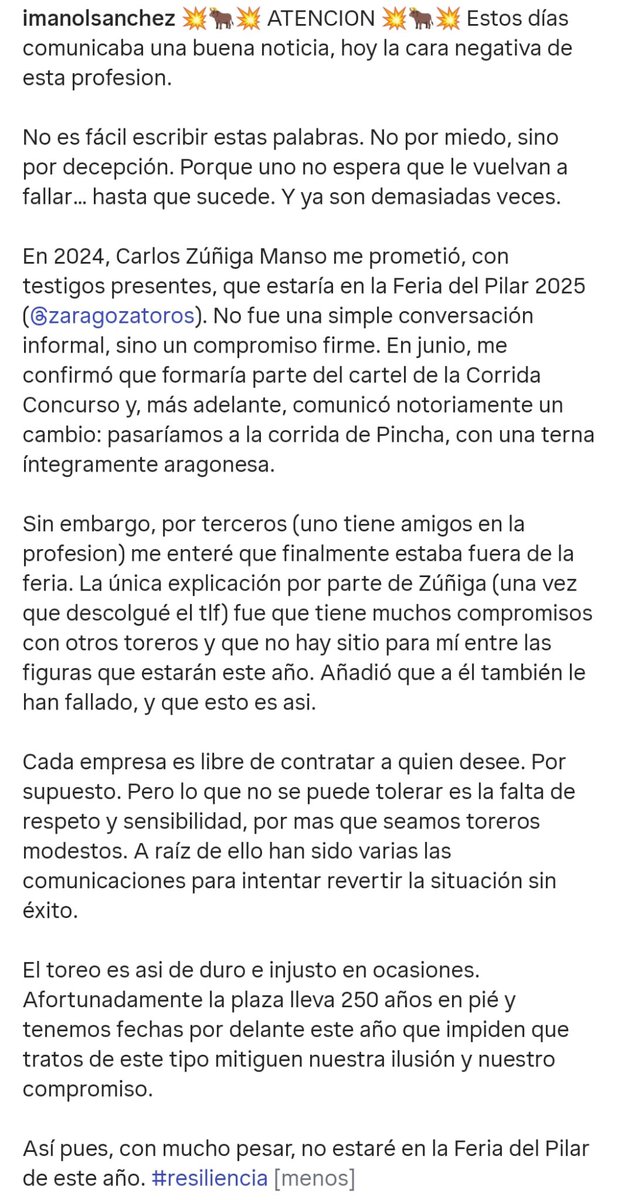 Carlos Zúñiga un empresario que tiene 0 palabra.
Prometió a Imanol actuar en la feria del Pilar 2025, ahora dice Zúñiga que no le puede meter en ningún cartel.