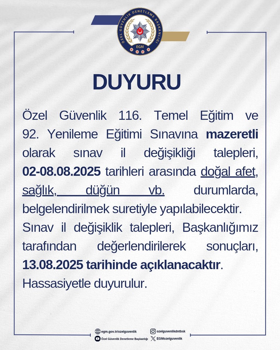 Özel Güvenlik Denetleme Başkanlığı (@egmozelguvenlik) on Twitter photo 📢 Tüm Adayların ve Eğitim Kurumlarının Dikkatine
<a href="/TC_icisleri/">T.C. İçişleri Bakanlığı</a>
<a href="/EmniyetGM/">Türk Polis Teşkilatı</a> 📢 Tüm Adayların ve Eğitim Kurumlarının Dikkatine
<a href="/TC_icisleri/">T.C. İçişleri Bakanlığı</a>
<a href="/EmniyetGM/">Türk Polis Teşkilatı</a>