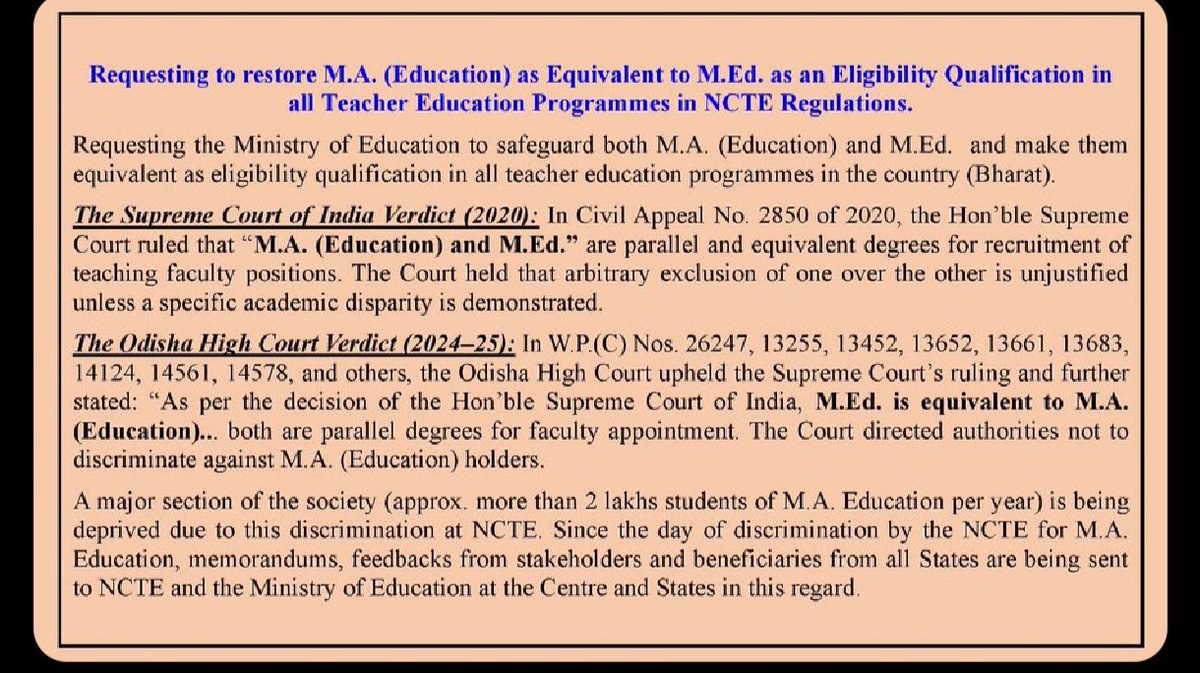 JYOTIRM12244082's tweet photo. #includeMAinEducation Recognizing M.A. (Education) as eligible for teaching posts in every single Teacher Education Programme, aligning with Supreme Court &amp; Odisha High Court rulings affirming its equivalence to M.Ed.@EduMinOfIndia @rashtrapatibhvn @dpradhanbjp https://t.co/o3i6T0NxKM