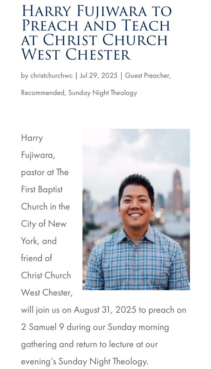 Christ Church West Chester (@christchurchwc) on Twitter photo We are very excited to welcome Hardy Fujiwara to CCWC at the end of August to preach during our 10AM service and give the lecture, “Preparing The Next Generation” at SNT! Read more about Fujiwara and our time with him on our latest blog post: christchurchwc.org/2025/07/harry-… We are very excited to welcome Hardy Fujiwara to CCWC at the end of August to preach during our 10AM service and give the lecture, “Preparing The Next Generation” at SNT! Read more about Fujiwara and our time with him on our latest blog post: christchurchwc.org/2025/07/harry-…