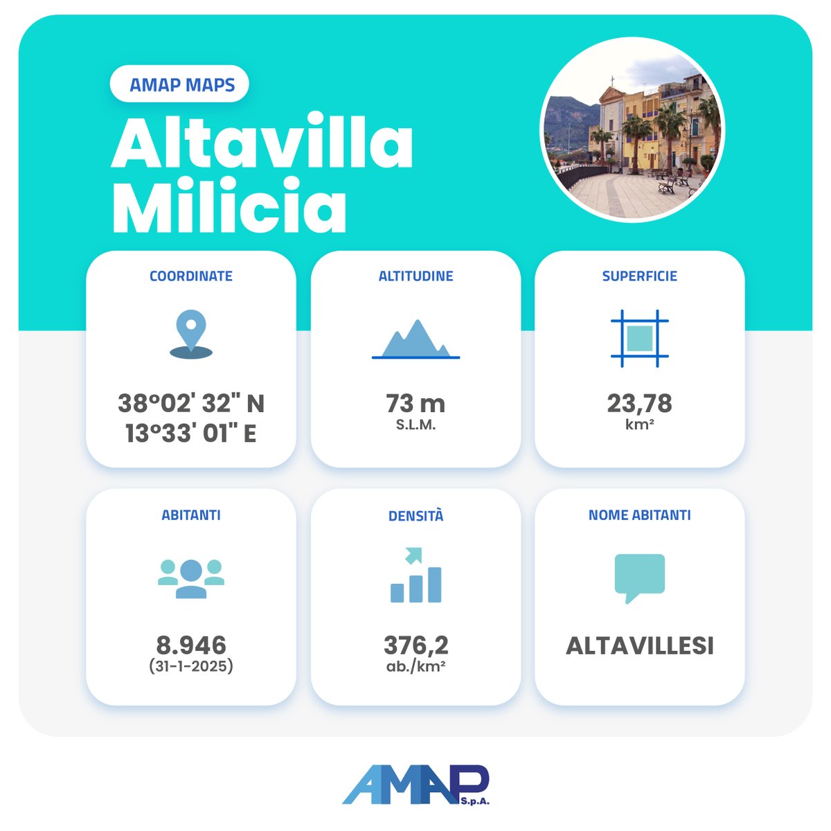 #amapmaps: Sapete che Altavilla Milicia è
uno dei 53 Comuni attualmente soci di Amap?

Trovandosi in una splendida posizione, il panorama
che si ammira da questa "terrazza" sul Mar Tirreno va
da Capo Zafferano a Cefalù, sino alle isole Eolie.

#AMAPSPA