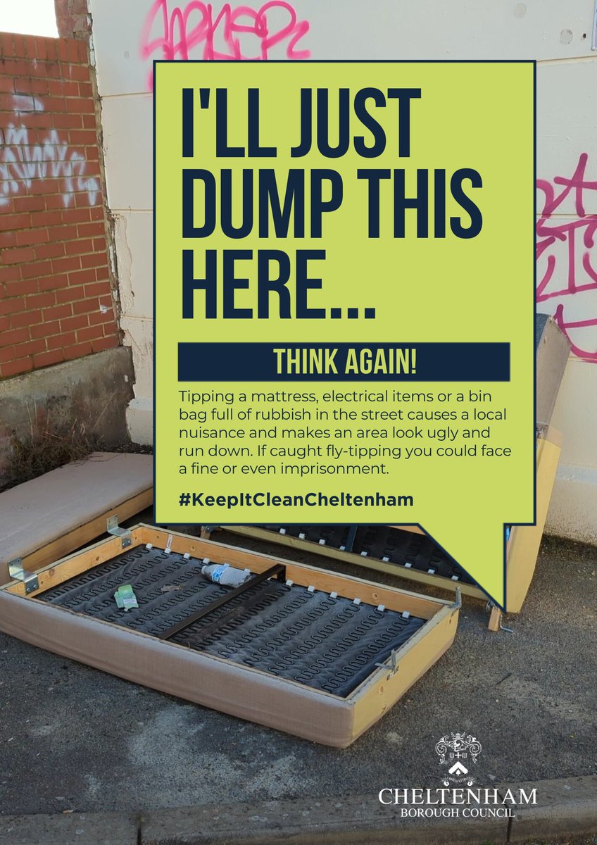 No one wants to see this where they live. Please respect our town &amp; dispose of your waste correctly - let's #KeepItCleanCheltenham! Remember, fly-tipping is an offence &amp; has a negative effect on our communities. We take action on reported fly-tips &amp; you may face a fine if caught.