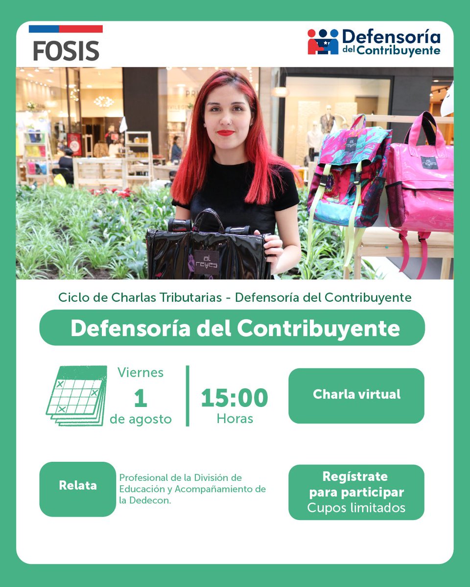 El viernes 1 de agosto, a las 15:00 hrs comienza un nuevo Ciclo de Charlas Tributarias.

El FOSIS y la Dedecon invitan a participar de la Charla Virtual a cargo de profesionales de la División de Educación y Acompañamiento de la Dedecon

🖊 Inscríbete en fosis.gob.cl