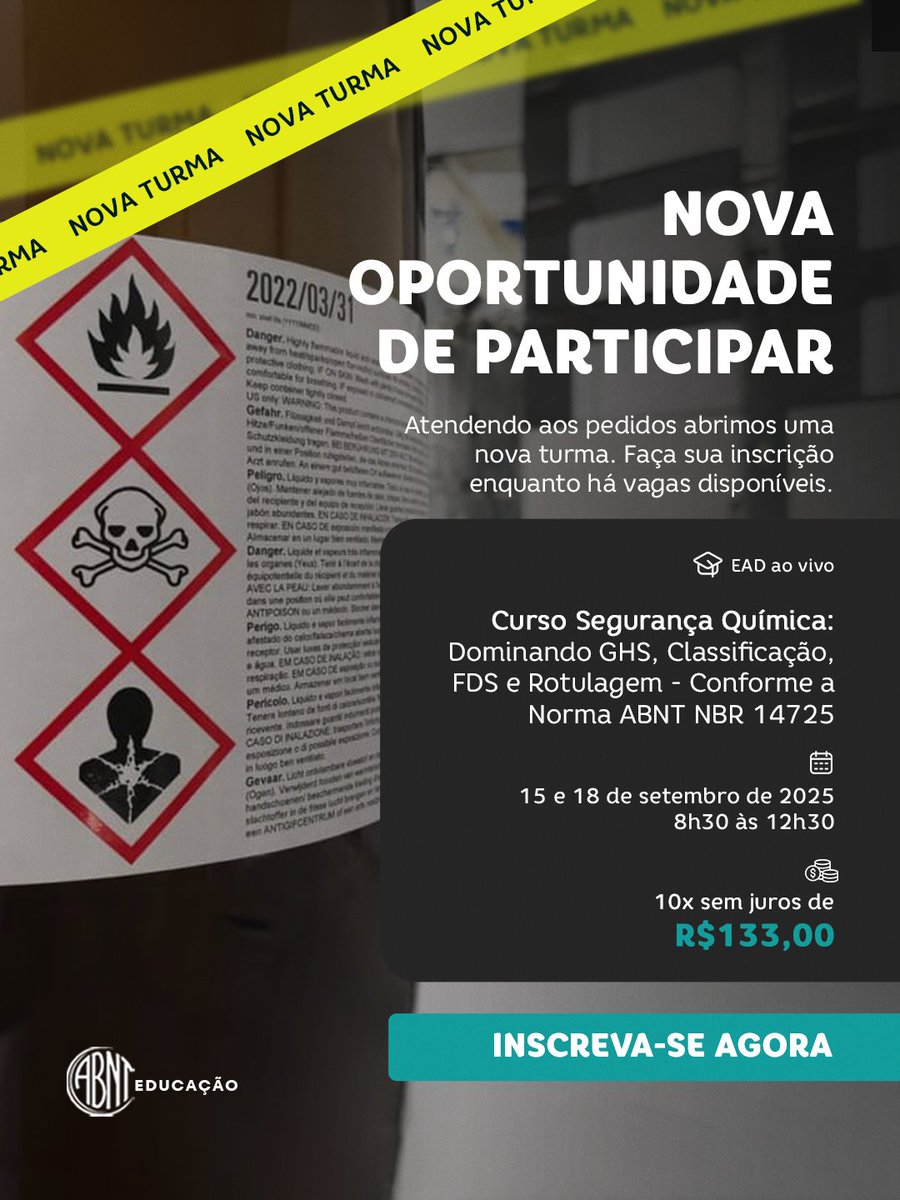 📍 Curso online e ao vivo
📅 15 a 18 de setembro de 2025
💳 10x de R$ 133,00 sem juros
Ministrado por Patrícia Duarte Ferreira, especialista em segurança química.

Inscreva-se em wa.me/551130173638

#ABNT #GHS #segurançaquímica #normatécnica #normaABNT