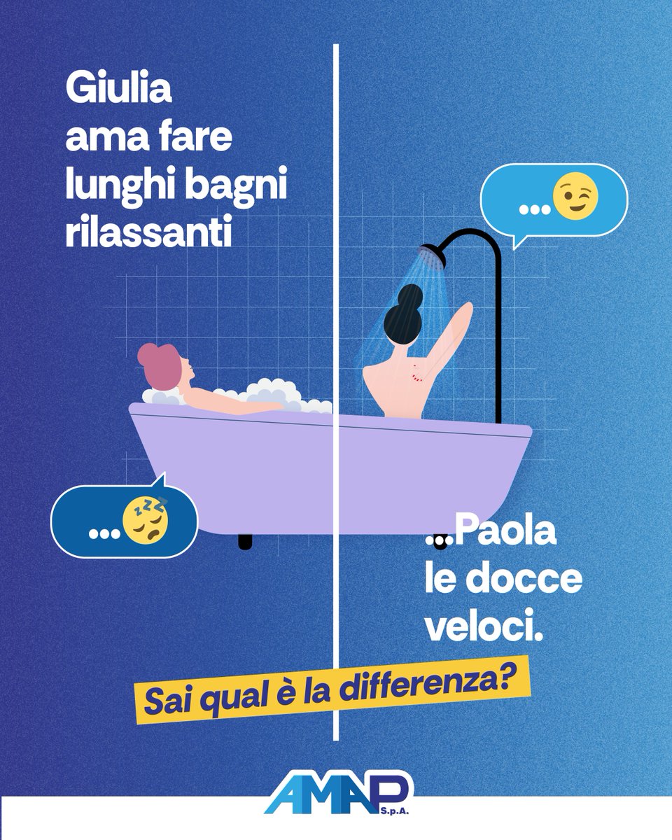 Un bagno può consumare fino a 150 litri
d’acqua, una doccia solo 50. Moltiplica per 7 giorni e
capirai perché, anche se entrambe pulite, Paola sorride
più di Giulia😉. Seguici per altri consigli.

#AMAPSPA #cittàmetropolitanadipalermo 
#servizioidricopalermo