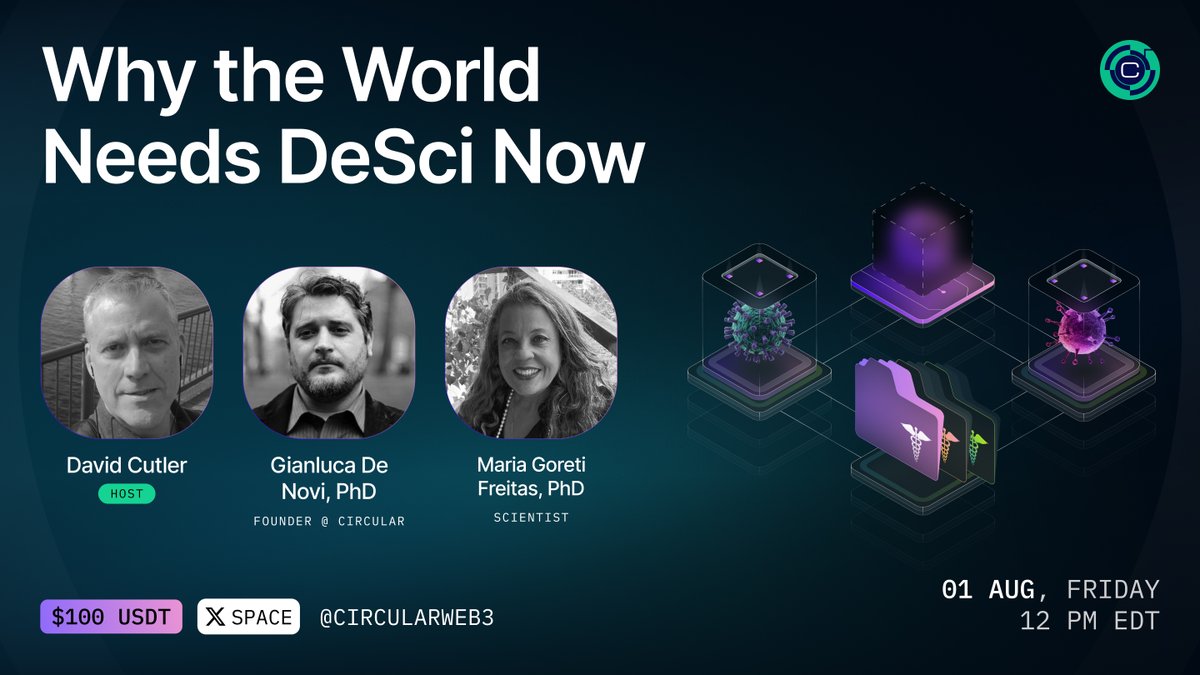 Circular Protocol (@circularweb3) on Twitter photo 🚨 AMA - Why the World Needs DeSci Now
📢 Set your reminders: x.com/i/spaces/1OwxW…
Join us tomorrow for an exciting X Space featuring:
✅ <a href="/gianlucadenovi/">Gianluca De Novi, Ph.D.</a> - Founder, <a href="/circularweb3/">Circular Protocol</a>
✅ <a href="/mariafreitasPhD/">Maria Freitas PhD🤓</a> - Scientist & deScier
Hosted by: <a href="/davidcutler/">davidcutler</a>
➡️ We’ll dive into the 🚨 AMA - Why the World Needs DeSci Now
📢 Set your reminders: x.com/i/spaces/1OwxW…
Join us tomorrow for an exciting X Space featuring:
✅ <a href="/gianlucadenovi/">Gianluca De Novi, Ph.D.</a> - Founder, <a href="/circularweb3/">Circular Protocol</a>
✅ <a href="/mariafreitasPhD/">Maria Freitas PhD🤓</a> - Scientist & deScier
Hosted by: <a href="/davidcutler/">davidcutler</a>
➡️ We’ll dive into the