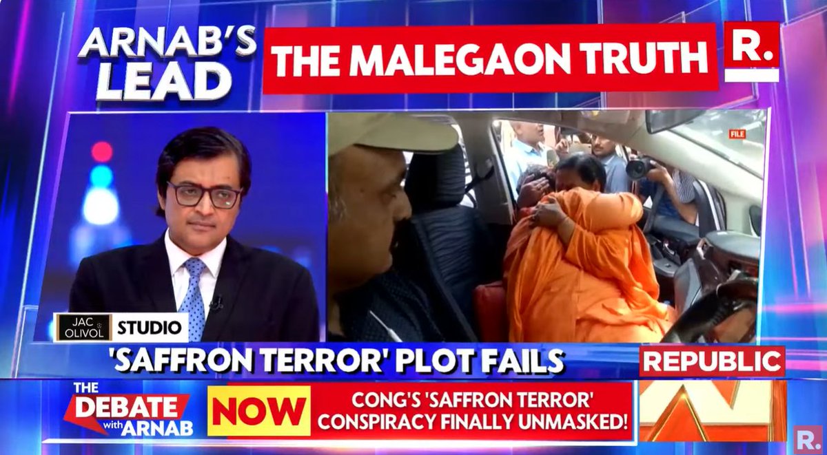 republic's tweet image. #TruthWins | Malegaon vindication: 'Saffron terror' conspiracy debunked

#SuperprimetimeMax with Arnab Goswami, on-air, and online. Tune in and fire in your views:youtube.com/live/PsfmquURn…

#MalegaonVerdict #Breaking #ColPurohit #SadhviPragya