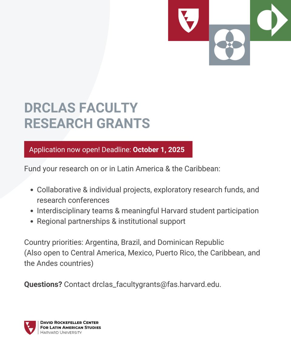 DRCLAS @ Harvard (@harvarddrclas) on Twitter photo Opportunity for <a href="/Harvard/">Harvard University</a> faculty! | Deadline: October 1, 2025
DRCLAS Faculty Research Grants offer funding support for collaborative and individual projects, exploratory research funds, and research conferences on or in Latin America and the Caribbean.
loom.ly/fIiz2f8 Opportunity for <a href="/Harvard/">Harvard University</a> faculty! | Deadline: October 1, 2025
DRCLAS Faculty Research Grants offer funding support for collaborative and individual projects, exploratory research funds, and research conferences on or in Latin America and the Caribbean.
loom.ly/fIiz2f8