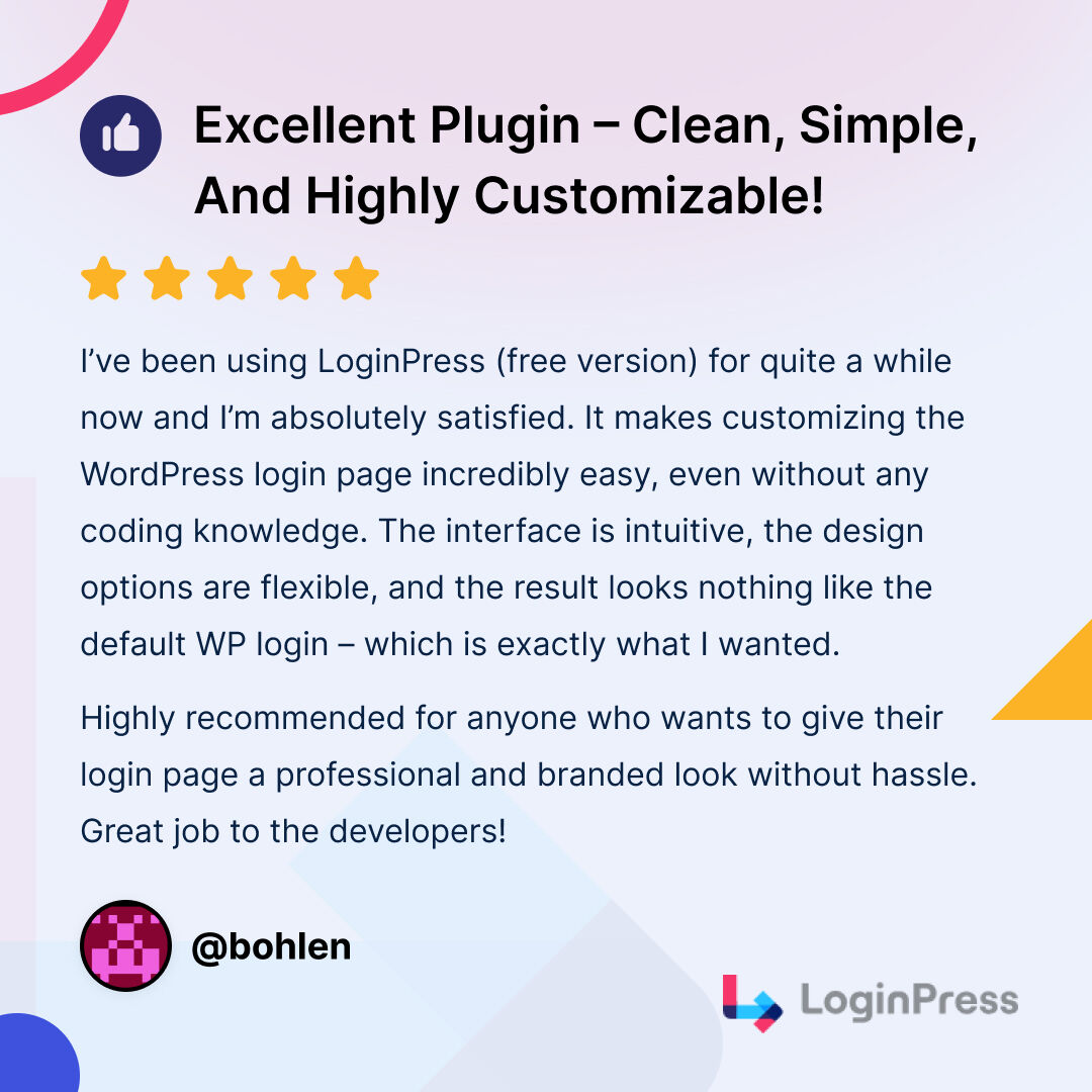 wpbrigade's tweet image. Excellent Plugin ⭐️⭐️⭐️⭐️⭐️

User Review: bit.ly/3HgoEei

No code? No problem. #LoginPress makes it super easy to design a professional WordPress login page with zero hassle.

#WordPressPlugin #UserReview #WPDesign #NoCodeTools #LoginCustomization #FiveStars