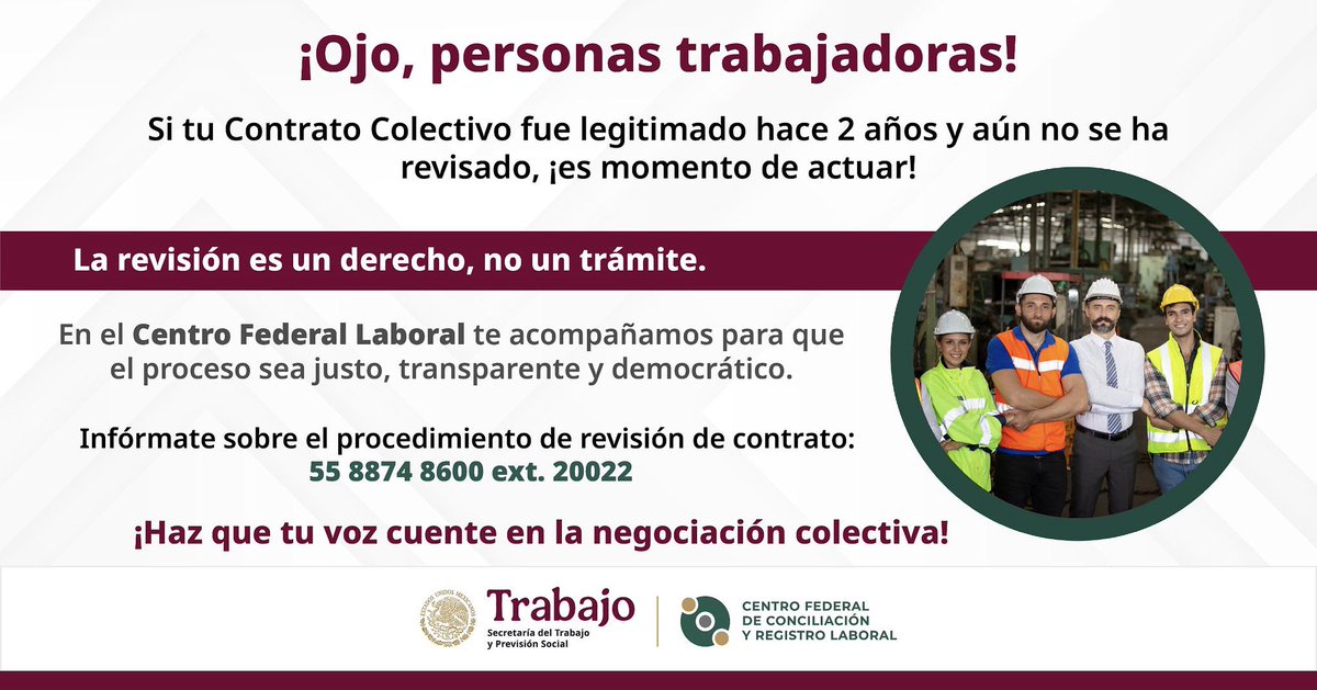 ¿Tu #ContratoColectivo fue legitimado hace más de dos años?

🛑 Si no se ha revisado, podrías estar perdiendo derechos.

📢 ¡Es momento de exigir una revisión justa y a tiempo!

📞 ¿Dudas? Llama al 55 8874 8600 ext. 20022

🗣️ Tu voz cuenta y tu contrato también!