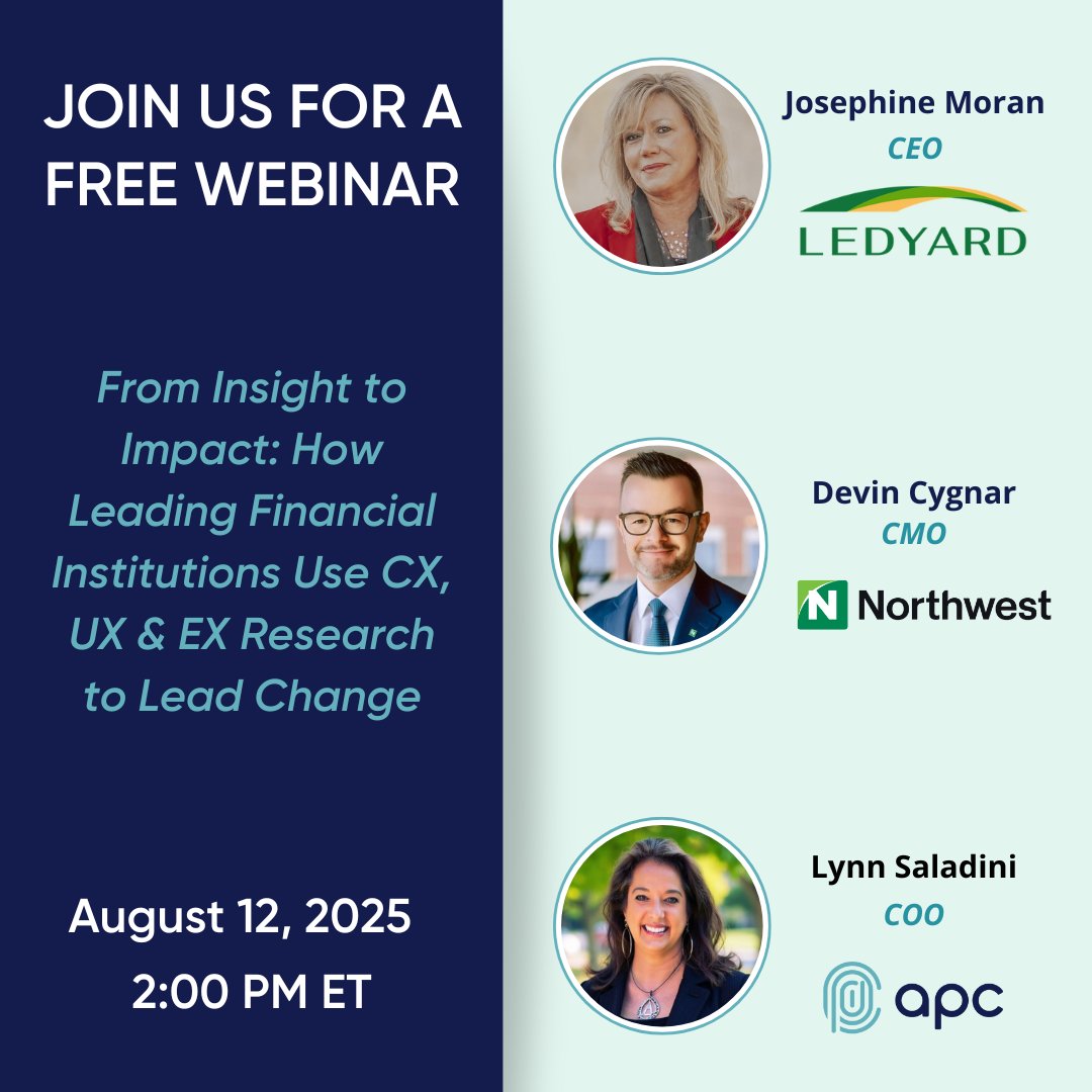 Banks &amp; FinTechs are sitting on a goldmine of CX, UX, &amp; EX data. The smart ones are doing something with it. Join apc, <a href="/NWSB/">NorthwestBank</a>, and <a href="/LedyardBank/">Ledyard Bank</a> on 8/12 at 2PM ET to learn how. Register for free: bit.ly/4fgxeX1
#CX #UX #EX